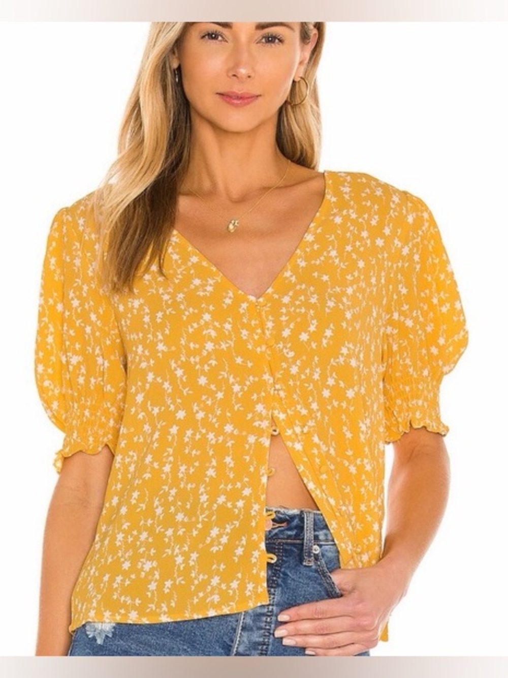 BB Dakota Yellow Floral V-Neck Puff Sleeve Blouse size xs